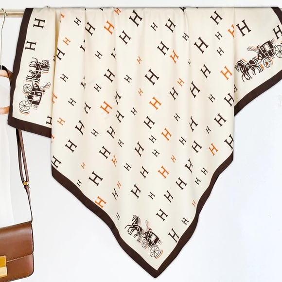 Orange H Black H, Cream and Brown Designer style luxury Scarf - Picture 3 of 7